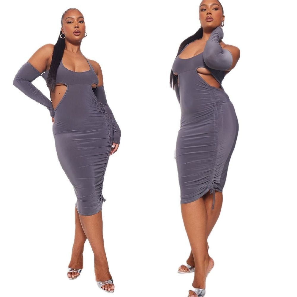 NWT Pretty Little Thing Silver Slinky Ruched Cut Out Midi Dress Size 22